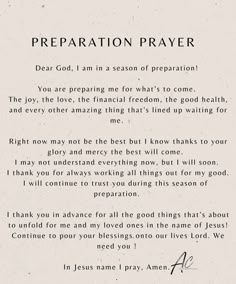 an old paper with the words preparation prayer written on it