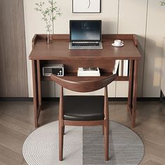 a laptop computer sitting on top of a wooden desk next to a rug and potted plant