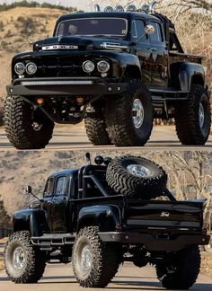 two pictures of a black truck with big tires on the front and rear sides, one is