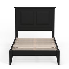 a black bed frame with wooden slats