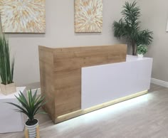 an office reception area with planters and paintings on the wall