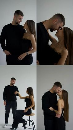 a man and woman kissing each other in different poses