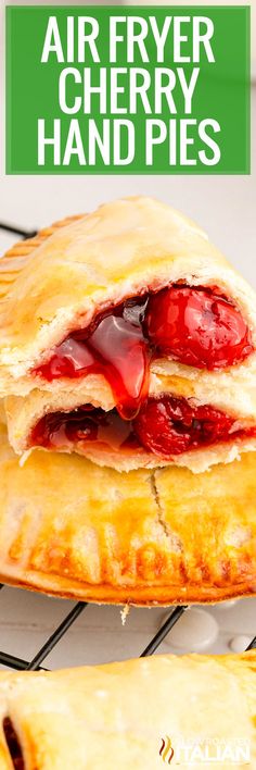 an air fryer cherry hand pies on a cooling rack with text overlay