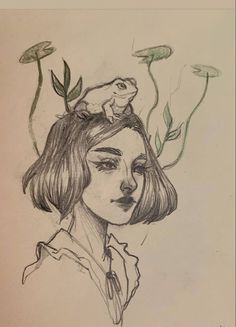 a drawing of a woman with flowers on her head and leaves growing out of her hair