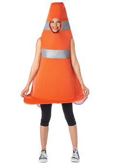 a woman wearing an orange cone costume