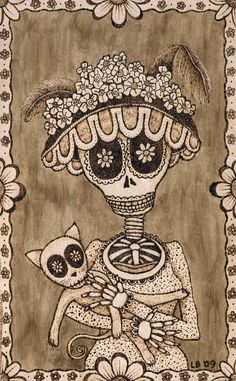 an image of a skeleton holding a cat with flowers on it's head and wearing a hat