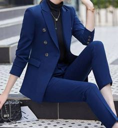 Coat Pant For Women, Tailored Suit Women, Wedding Suit Women, Formal Suits For Women, Dark Blue Suit, Women Suits Wedding, Royal Blue Suit, Pant Suits For Women, Business Attire Women