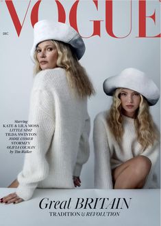 two women in white sweaters and hats on the cover of a magazine, one is sitting