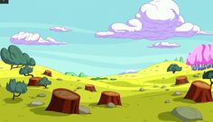 a cartoon scene with trees and rocks in the foreground, clouds in the background