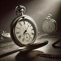 an old pocket watch is sitting on a table next to two other watches and a chain