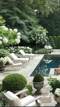 a pool surrounded by white flowers and chairs