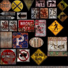 various road signs are displayed on a black background