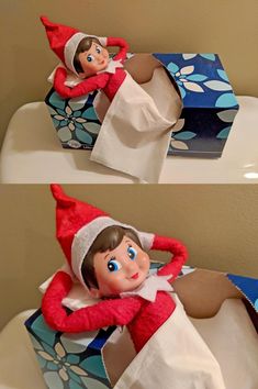 two pictures of an elf sitting on top of a toilet paper roll in a box