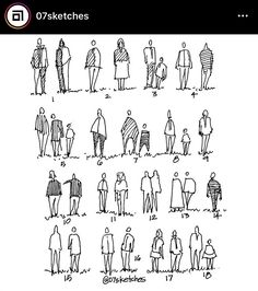 a drawing of people standing in a line with one person holding the other's hand