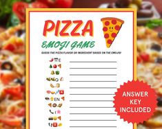 a pizza emogi game is shown with the words answer key included on it