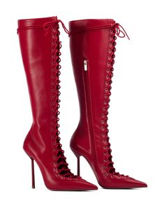 Le Silla Colette 120mm lace-up Leather Boots | Red | FARFETCH Silver Ankle Strap Heels, Knee High Heels, Closure Design, Spot Lights, High Heel Boots Knee, Silver Sandals, Red Heels, Knee High Leather Boots, Comfortable Heels