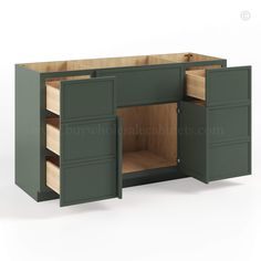 an open cabinet with drawers and cupboards on the bottom, is shown in green