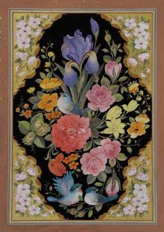 a painting with flowers and birds on it's side in a brown frame,