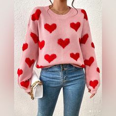 Elegant Long Sleeve Drop Shoulder Sweater, Women's Clothing. Size Small/Medium Material 100% Polyester Bride Lingerie, Fabric Heart, Rose Bonbon, Pullover Outfit, Elegante Casual, Heart Sweater, Oversize Knit, Oversized Knitted Sweaters, Drop Shoulder Sweaters