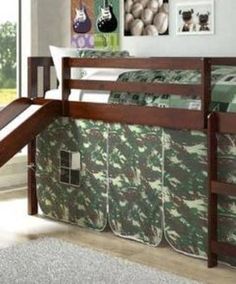 Lincoln Low Loft with Slide & Camouflage Tent Custom Kids Furniture Loft Bed Tent, Toddler Bed With Slide, Kids Bed Canopy, Walmart Bedding, Low Loft Bed, Low Bunk Beds, Captains Bed, Tent Material, Elevated Bed