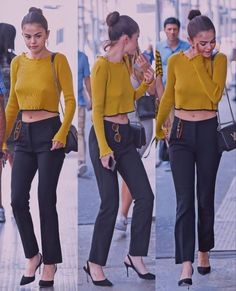 two pictures of a woman in yellow top and black pants with high heels on the street