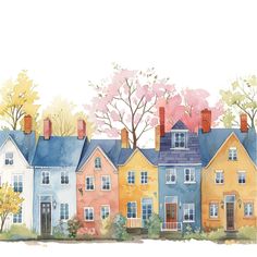 watercolor painting of houses with trees in the background