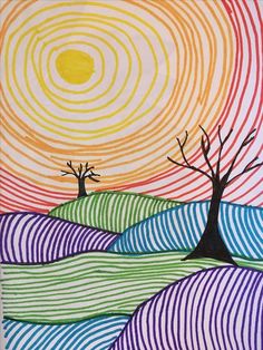 an art project with colorful lines and trees