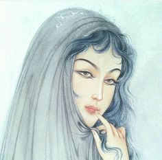 a drawing of a woman with long blue hair holding her finger to her mouth and looking at the camera