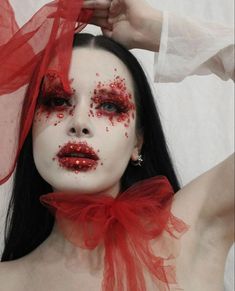 Halloween Outfit Inspiration, Dark Valentines Makeup, Halloween Red Makeup, Red Makeup Halloween, Red Face Makeup, Blood Makeup Look, Red Halloween Makeup, Drag Looks, Red Ghost