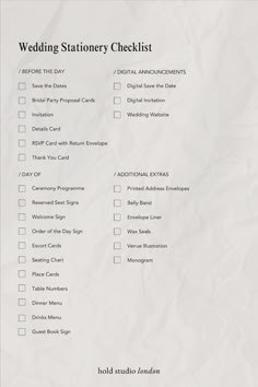 the wedding station checklist is shown in white paper