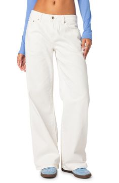 EDIKTED Roman Slouchy Low Rise Wide Leg Jeans | Nordstrom White Low Rise Jeans, Low Rise White Jeans, Low Rise Wide Leg Jeans, Jeans White, Low Rise Jeans, White Pants, White Wash, Classic White, Wide Leg Jeans