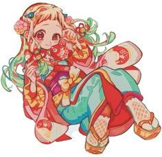 an anime character sitting on the ground with her legs crossed and hands behind her back