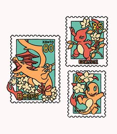 four stamps with pokemon characters on them