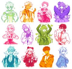 some anime characters with different colored hair