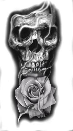 a black and white photo with a rose in the foreground, an image of a skull holding a rose