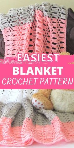 an easy crochet blanket is shown with a teddy bear on it and the text reads