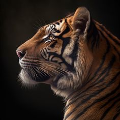 a close up of a tiger's face on a black background