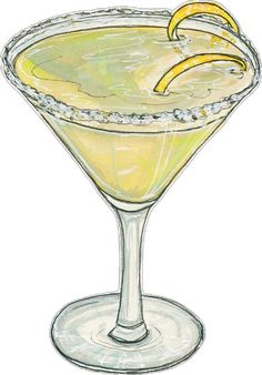 a drawing of a martini with lemon wedges