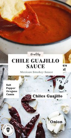 chili guacamole sauce in a white bowl with red peppers and other ingredients