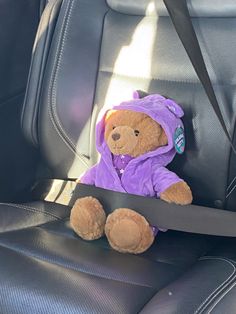 a teddy bear sitting in the back seat of a car wearing a purple jacket and hoodie