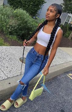 Two Braids Hairstyle Black Women, Yeezy Slides, Girls Hairstyles Braids, Swag Outfits For Girls, Cornrow Hairstyles, Braided Hairstyles For Black Women, Easter Hair