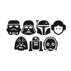 the star wars logo is shown in black and white, with different helmets on it