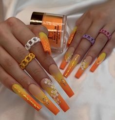 October Nails Fall Coffin, Spring Xl Nails, 3d Acrylic Nail Art, Exotic Nail Designs, Ongles Bling Bling, Orange Acrylic Nails, Planet Nails, Diy Acrylic Nails, Nails Design With Rhinestones