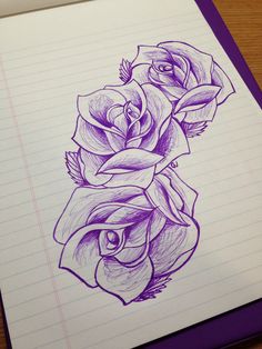 a pencil drawing of two roses on lined paper with purple marker pen in the middle