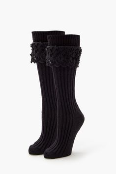 Ribbed knit pair of socks featuring crew length and scalloped lace trim with self - tie closure. | Shell & Other contents: 100% polyester | Hand wash cold | Lace - Trim Crew Socks Scalloped Lace, Crew Socks, Lace Trim, Women's Accessories, Ribbed Knit, Tights, Hand Wash, Socks, Trim