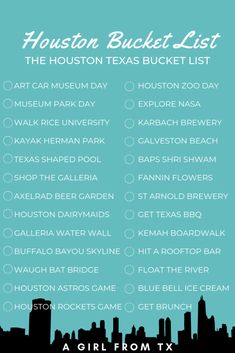 the houston bucket list is shown on a blue background