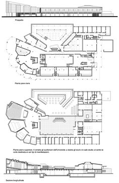 three diagrams showing different sections of the building, including an auditorium and other areas that are in