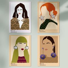 four paper cut portraits of women with earrings