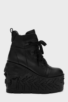 DOOM.- Statement platform boots.- Custom molded soles featuring details soles. - Lace up closure.- Inner zip.- Platform height 7cm/2.7".- Heel height - 14cm/5.5".- Wipe clean only.With KILLSTAR branding, Upper: 100% PU Outsole: 100% Rubber. Imported. Platform Boots Chunky, Goth Clothing, H.e.r Aesthetic, Gender Envy, Downtown Girl, Character Inspo, Goth Outfits, Crazy Shoes, Platform Boots