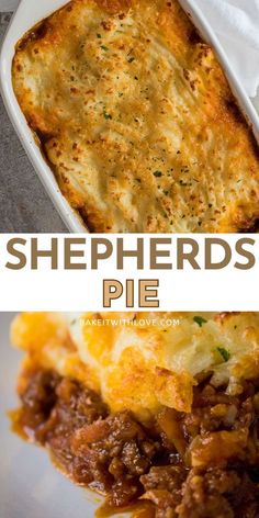 two pictures with different types of shepherds pie in them and the same one has cheese on top